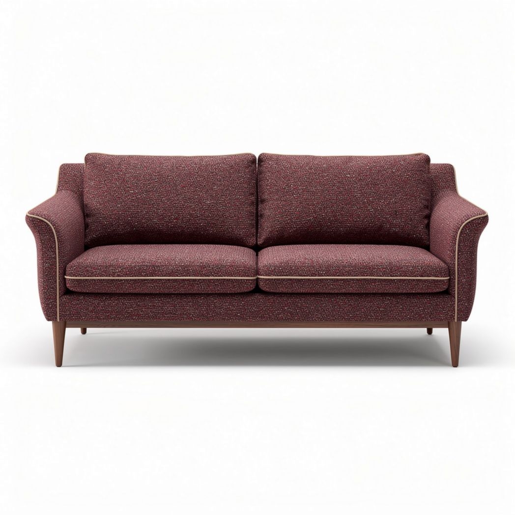 Mid-century modern upholstered sofa with burgundy fabric and wooden legs 200 x 85 x 80cm