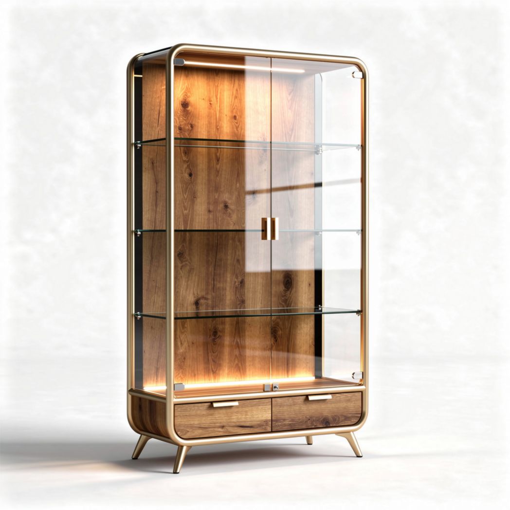Glass display cabinet with wooden base and adjustable shelves 100 x 50 x 180cm