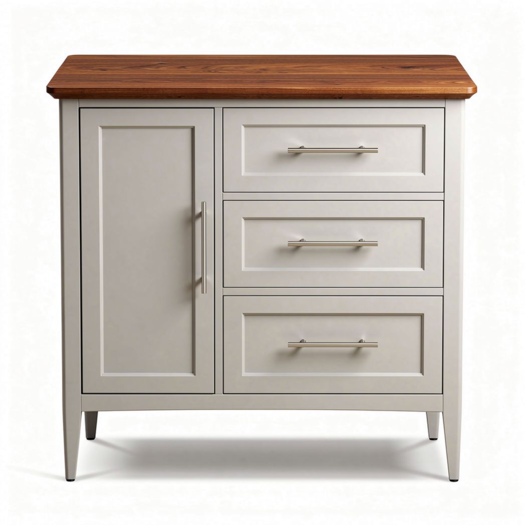 Wood top kitchen cabinet with three drawers and one door in grey finish