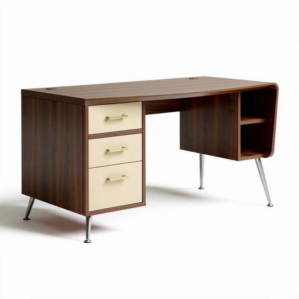 Mid-century modern wooden desk with three drawers and open storage 140 x 60 x 75cm