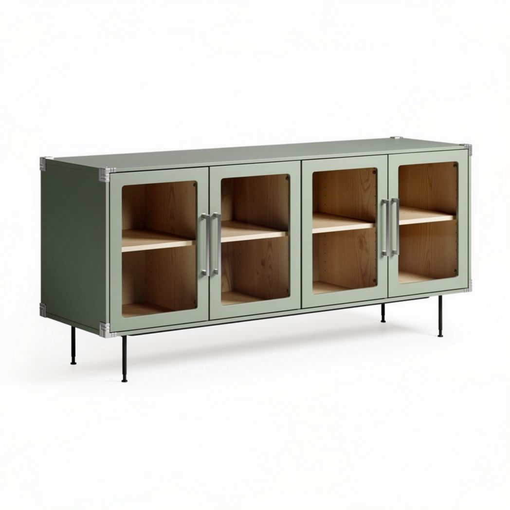 Contemporary storage cabinet with four glass doors in cream color 150 x 40 x 70cm