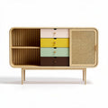 Wooden storage cabinet with multicolor drawers and rattan door 120 x 40 x 80cm