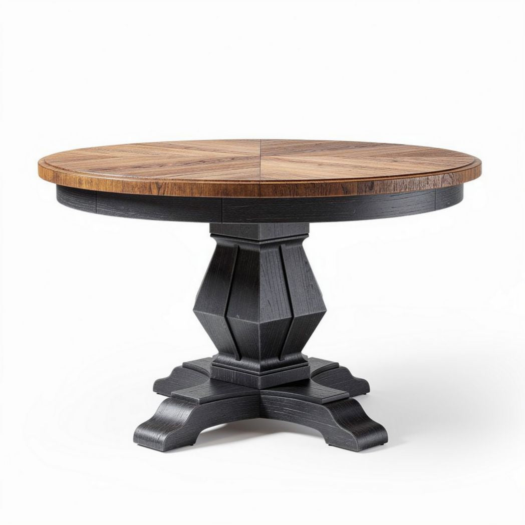 Round wooden dining table with black pedestal base 70 x 70 x 75cm