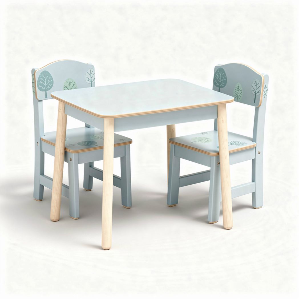 Wooden children’s table and chair set with tree design in blue 60 x 40 x 50cm