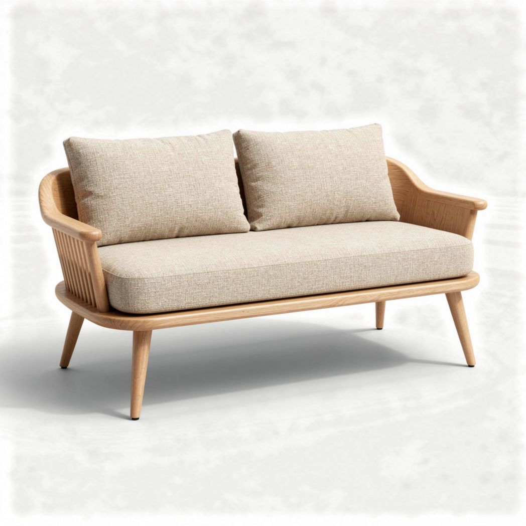 Natural wood frame sofa with linen upholstery and two cushions 150 x 70 x 80cm